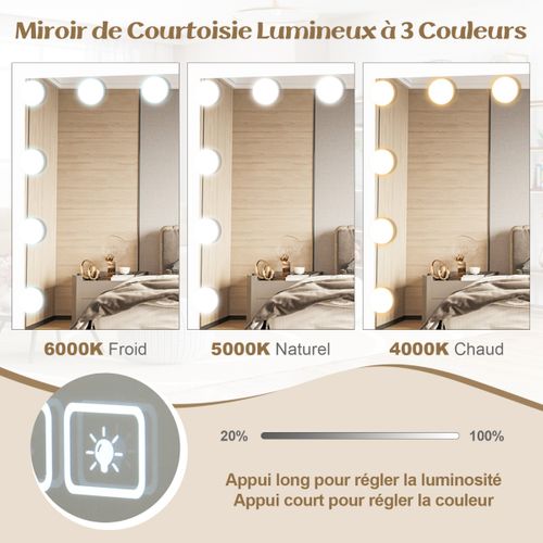 Miroir De Maquillage Avec 15 LED Miroir Hollywood à Intensité Variable 3 Couleurs Commande Tactile