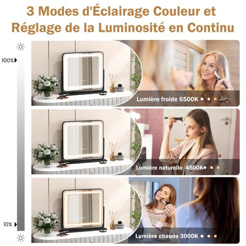 Miroir De Maquillage LED Lumineux Tactile 5 X Grossissement L56 X L48 Cm Rotation 360° 3 Couleurs