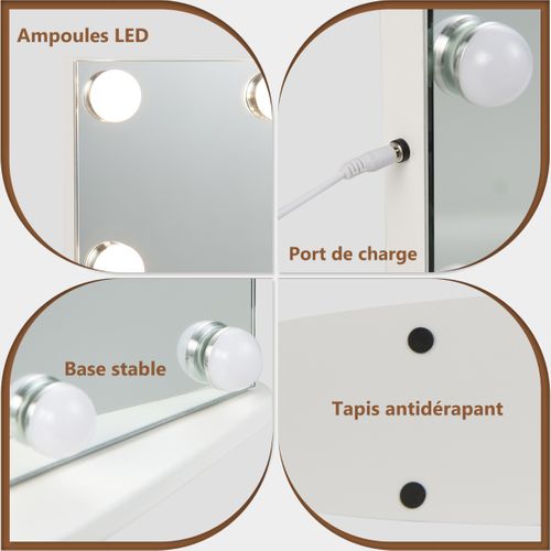 Miroir Maquillage Hollywood-18 Ampoules LED Tactile Grossissement 3x Éclairage Blanc Froid/chaud/n