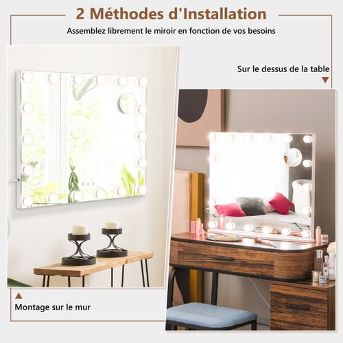 Miroir Maquillage Hollywood-18 Ampoules LED Tactile Grossissement 3x Éclairage Blanc Froid/chaud/n