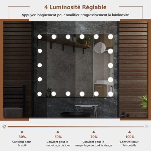 Miroir Maquillage Hollywood-18 Ampoules LED Tactile Grossissement 3x Éclairage Blanc Froid/chaud/n