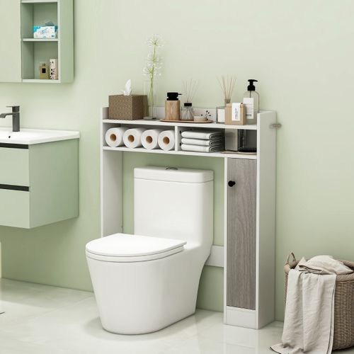 Meuble De Toilette Wc, Étagère De Toilette Avec 2 Compartiments Et 1 Porte Étagères Réglables