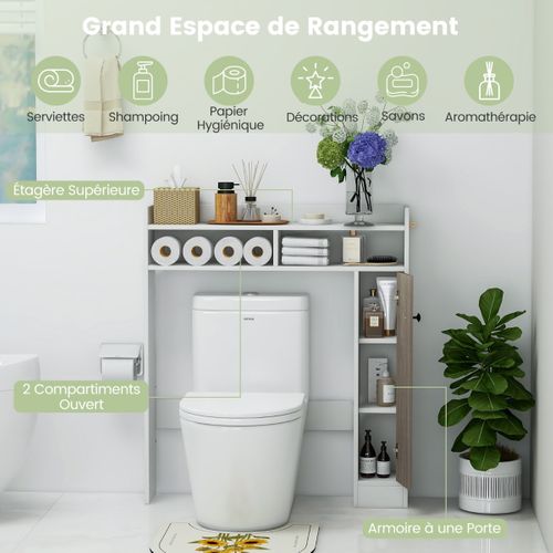 Meuble De Toilette Wc, Étagère De Toilette Avec 2 Compartiments Et 1 Porte Étagères Réglables