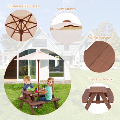 Table Avec 2 Bancs Et Parasol De Jardin Pour Enfant En Sapin Table De Pique-nique Pour 4 Enfants