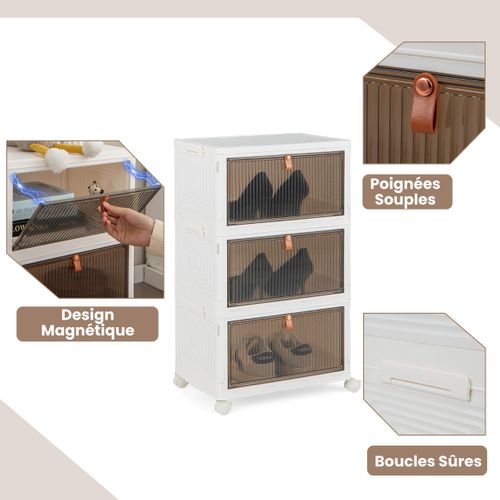 Meuble à Chaussures, Armoire à Chaussures Pliable 3 Niveaux Portes Transparentes Magnétiques
