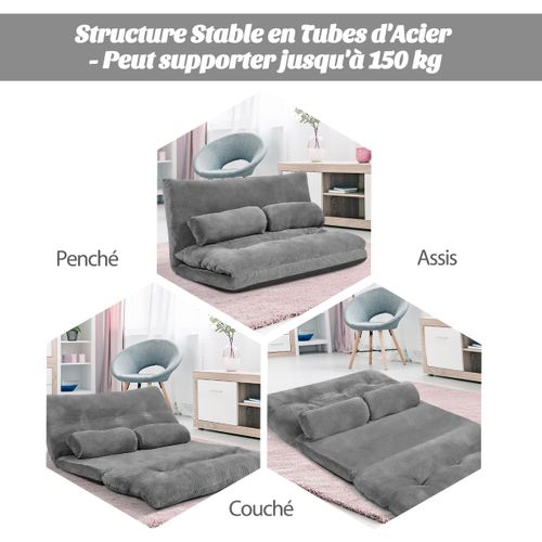 Chauffeuse Canapé Convertible 2 Places Réglables à 6 Positions Avec 2 Oreillers Velours Côtelé