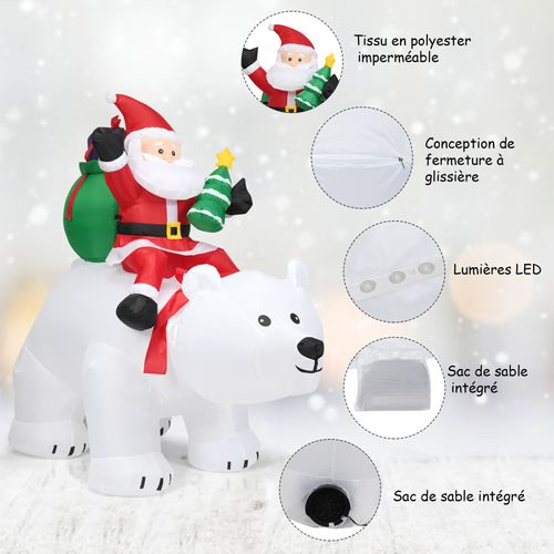 Père Noël Gonflable Sur L'ours - Décorations De Noël Polaire Blanc Tête Oscillante