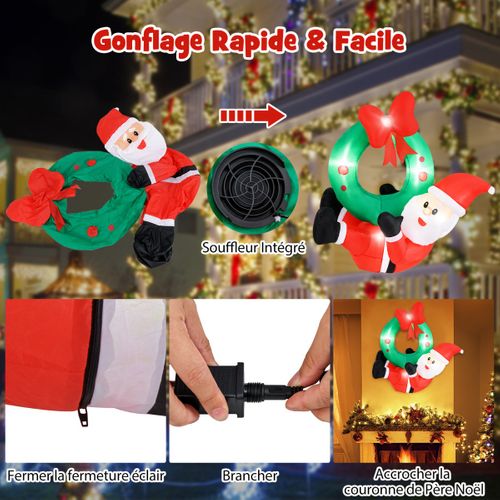 Décoration De Noël - Couronne Gonflable De 120cm Avec Père Noël Couronne Illuminé Avec Nœud Rouge