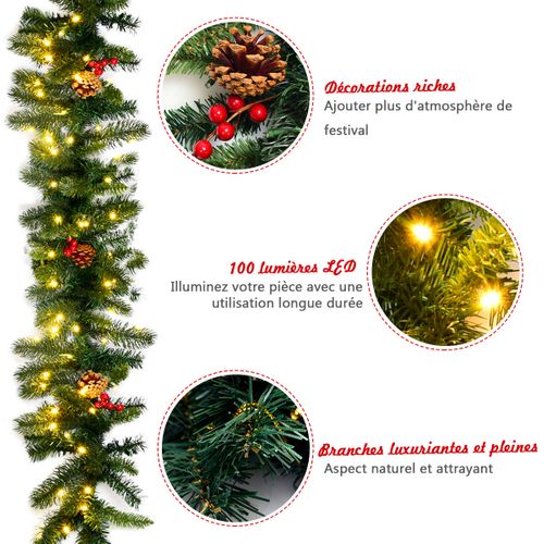 Guirlande De Noël De 270 Cm - Décoration De Noël Avec 100 Lumières LED Et Baies Rouges
