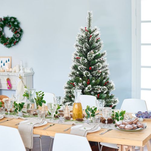 Sapin De Noël - Arbre De Noël Artificiel 150cm Avec Flocons De Neige Avec Baies Rouges Dense