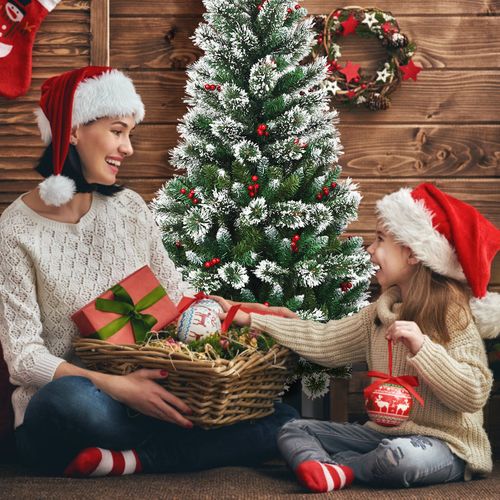 Sapin De Noël - Arbre De Noël Artificiel 150cm Avec Flocons De Neige Avec Baies Rouges Dense