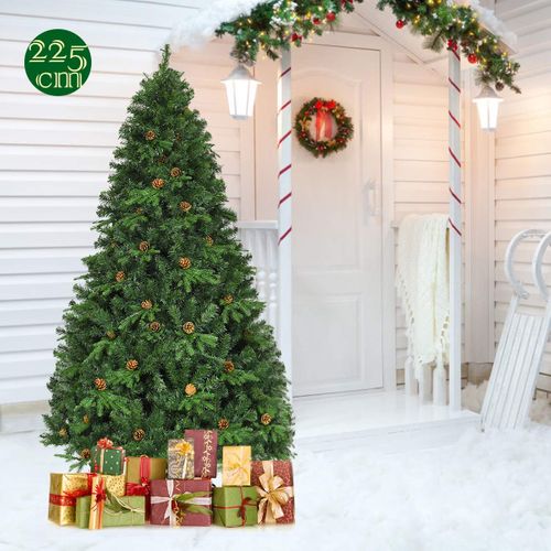 Sapin De Noël - Arbre De Noël Artificiel 225cm61 Pommes De Pin, Lumières LED, Pied En Métal 55cm