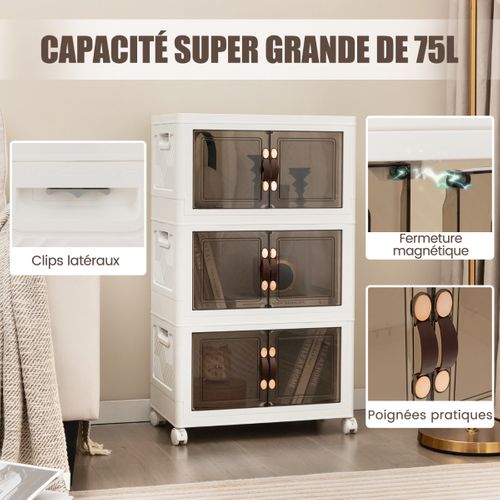 Boîtes De Rangement Empilables, Armoire De Rangement à 3 Bacs Pliables Roues Verrouillables