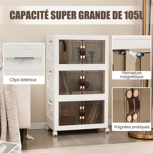 Boîtes De Rangement Empilables, Armoire De Rangement à 3 Bacs Pliables Roues Verrouillables