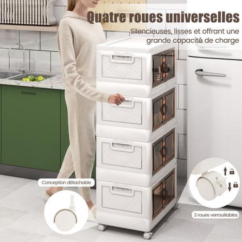 Boîtes De Rangement Empilables, Armoire De Rangement à 4 Bacs Pliables Roues Verrouillables