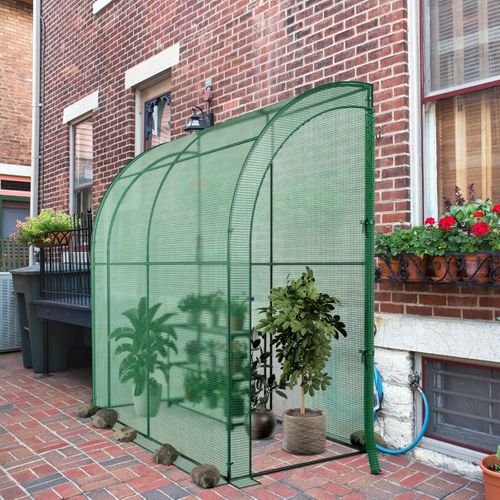 Serre De Jardin Adossée En Pe 198,5x98x215cm Avec Étagère à Plantes 3 Niveaux 2 Portes Zippées