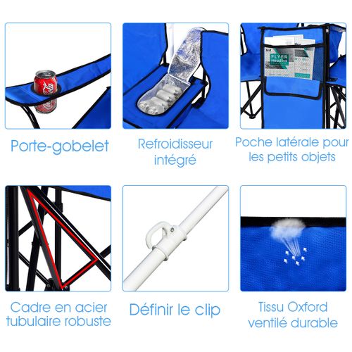 Chaise De Camping Pliante, Fauteuil De Camping 2 Places Avec Poche Isotherme Porte-gobelet
