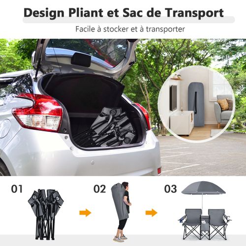 Chaise De Camping Pliante, Fauteuil De Camping 2 Places Avec Poche Isotherme Porte-gobelet