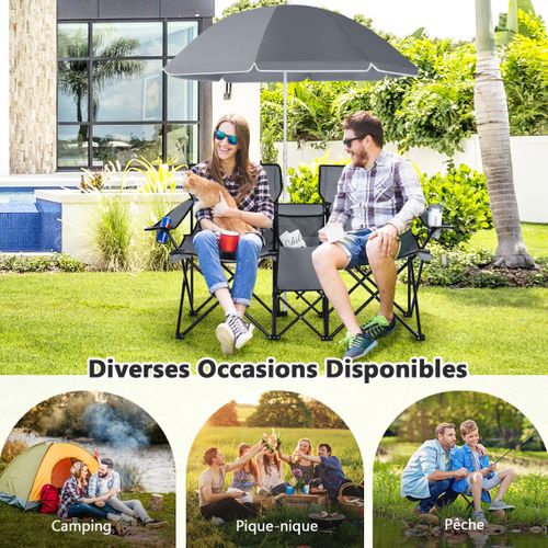 Chaise De Camping Pliante, Fauteuil De Camping 2 Places Avec Poche Isotherme Porte-gobelet