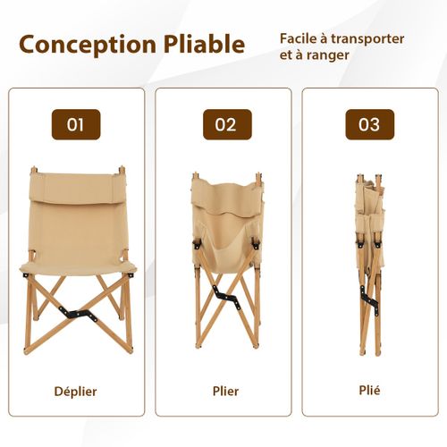 Chaise De Camping Pliante, Fauteuil De Camping En Bambouavec Dossier Ajustable 48/60cm En Toile