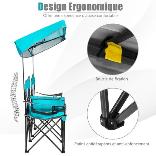 Chaise De Camping Pliante, Fauteuil De Camping 2 Places Pare-soleil Amovible Et Réglable