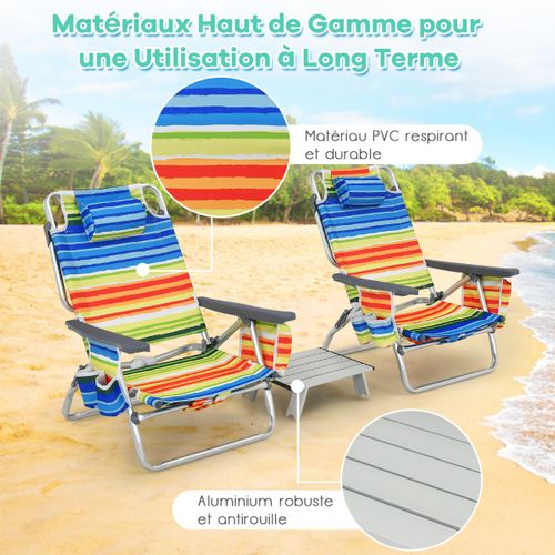 Ensemble De Table Et 2 Chaises De Plage Pliables Chaises De Camping Légères Avec 5 Positions