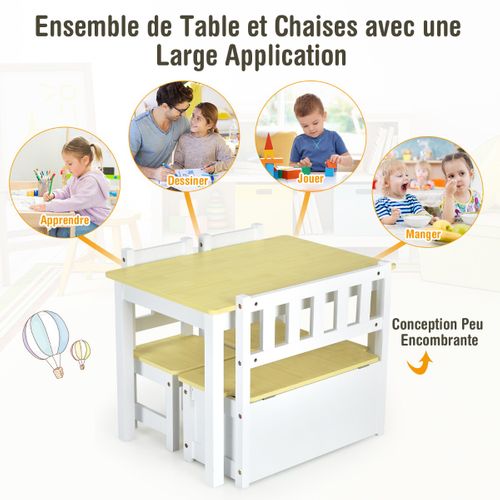 Ensemble De Table Et Chaises Pour Enfant Avec Table 2 Chaises Et Banc De Rangement 2 En 1