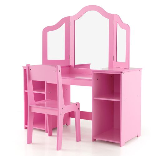 Coiffeuse Enfant Avec Chaise, Table De Maquillage Et Chaise 2 En 1 Pour Enfants Avec Miroir Amovible