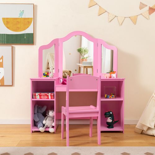 Coiffeuse Enfant Avec Chaise, Table De Maquillage Et Chaise 2 En 1 Pour Enfants Avec Miroir Amovible