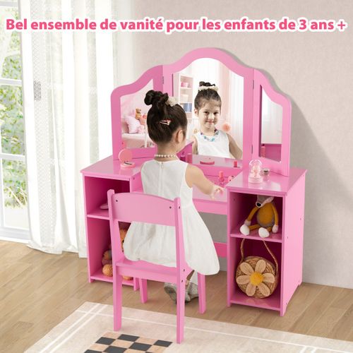 Coiffeuse Enfant Avec Chaise, Table De Maquillage Et Chaise 2 En 1 Pour Enfants Avec Miroir Amovible