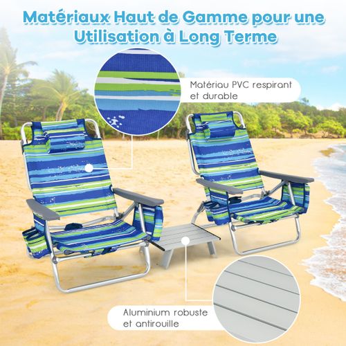 Lot De 2 Chaises De Camping Pliante, Fauteuils De Camping Plage Avec Table Enroulable En Aluminium
