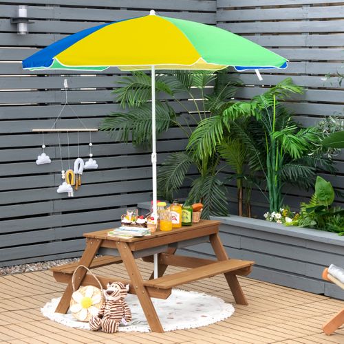 Table De Jardin Pour Enfant Avec 2 Bancs Et Parasol 2 Boîtes Pour Sable Et Eau Plateau Amovible