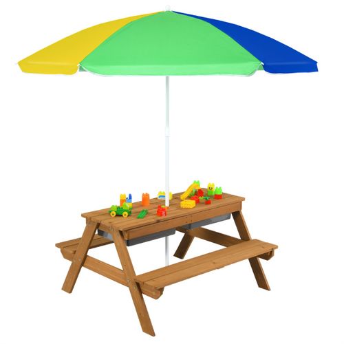 Table De Jardin Pour Enfant Avec 2 Bancs Et Parasol 2 Boîtes Pour Sable Et Eau Plateau Amovible