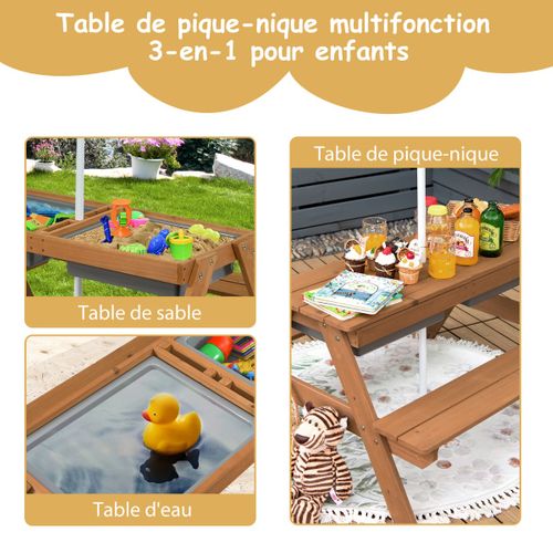 Table De Jardin Pour Enfant Avec 2 Bancs Et Parasol 2 Boîtes Pour Sable Et Eau Plateau Amovible