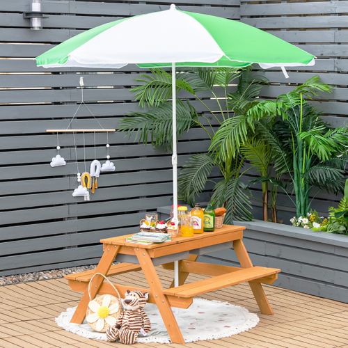 Table De Jardin Pour Enfant Avec 2 Bancs Et Parasol 2 Boîtes Pour Sable Et Eau Plateau Amovible
