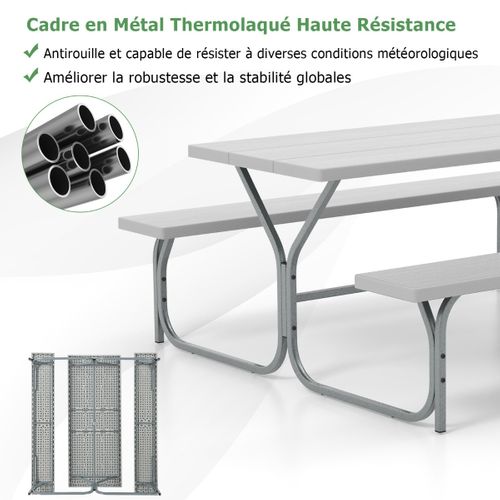 Table De Pique-nique Avec 2 Bancs Cadre Métal Ensemble De Jardin Imperméable Pour 8 Personnes