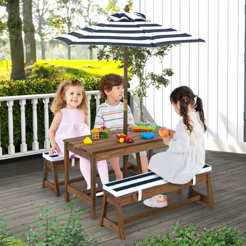 Table De Pique-nique Pour Enfant Avec 2 Bancs Et Parasol à 4 Places Coussins En Sapin Bleu