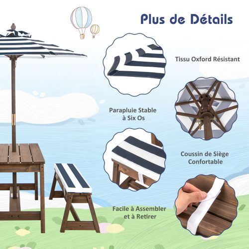 Table De Pique-nique Pour Enfant Avec 2 Bancs Et Parasol à 4 Places Coussins En Sapin Bleu