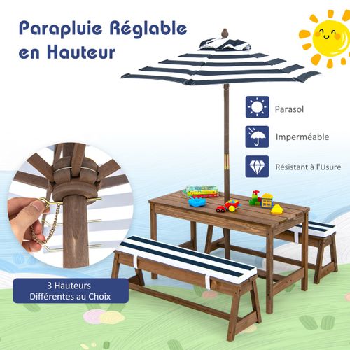 Table De Pique-nique Pour Enfant Avec 2 Bancs Et Parasol à 4 Places Coussins En Sapin Bleu