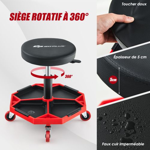 Tabouret D'atelier Pneumatique Avec 4 Roulettes Universelles Plateau à Outils Siège Rembourré