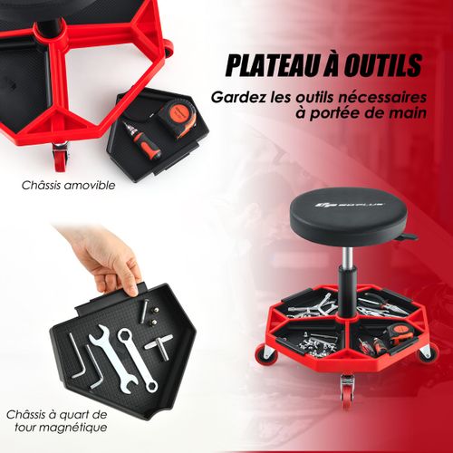 Tabouret D'atelier Pneumatique Avec 4 Roulettes Universelles Plateau à Outils Siège Rembourré
