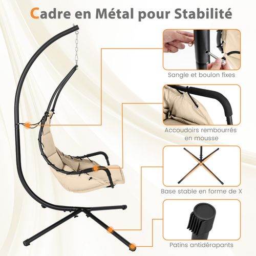 Balancelle, Chaise Suspendue Avec Support Siège Rembourré Extra Large Cadre Métallique