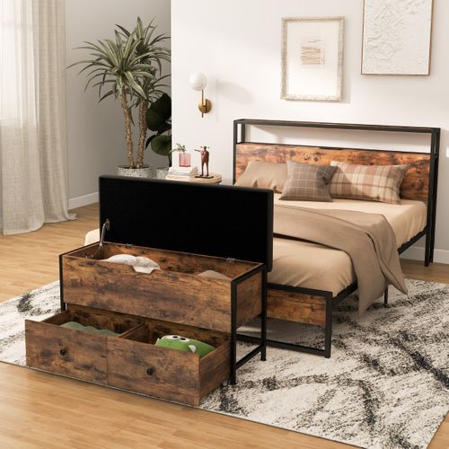 Coffre De Rangement, Banc De Rangement Ottoman Coussin Rembourré Rabattable 2 Tiroirs En Bois