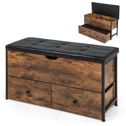 Coffre De Rangement, Banc De Rangement Ottoman Coussin Rembourré Rabattable 2 Tiroirs En Bois