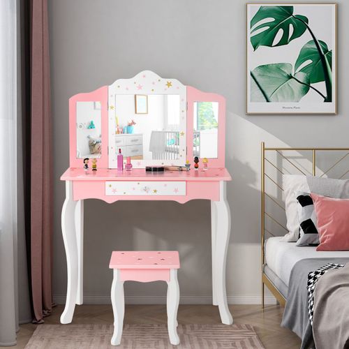 Coiffeuse Enfant, Table De Maquillage Avec Tabouret Tiroir Miroir à 3 Volets Amovible Rose