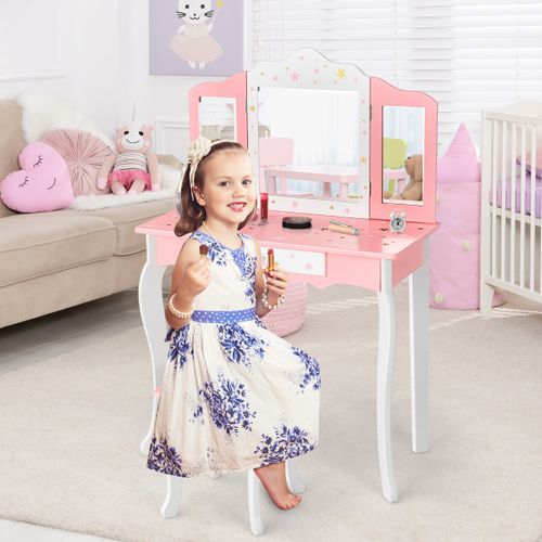 Coiffeuse Enfant, Table De Maquillage Avec Tabouret Tiroir Miroir à 3 Volets Amovible Rose