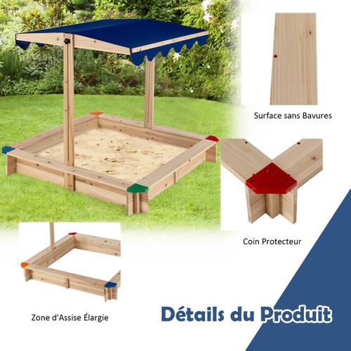 Bac à Sable En Bois De Sapin Avec Toit Réglable et Inclinable Bac à Sable Extérieur