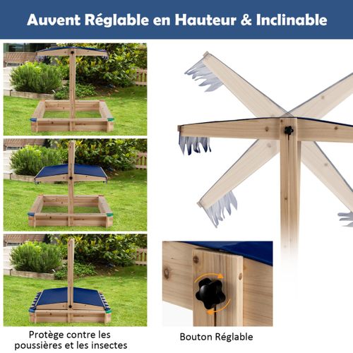 Bac à Sable En Bois De Sapin Avec Toit Réglable et Inclinable Bac à Sable Extérieur