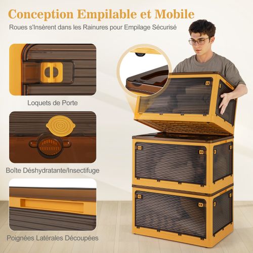 Lot De 3 Boîtes De Rangement Empilables Roulettes Bacs De Rangement Avec Couvercles Et 5 Portes