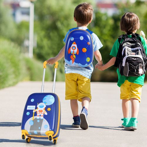 Ensemble 2 Valises Pour Enfants Sac à Dos Trolley Avec Poignée Rétractable Thème Aérienne Bleu